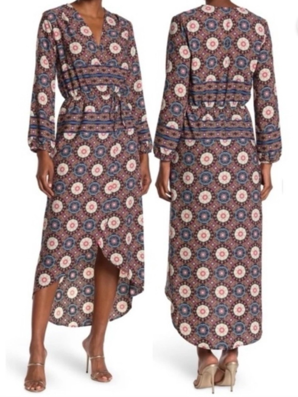 Fraiche by J Nadia Faux Wrap Boho Printed Long Sleeve Midi Dress - NWT - Size S